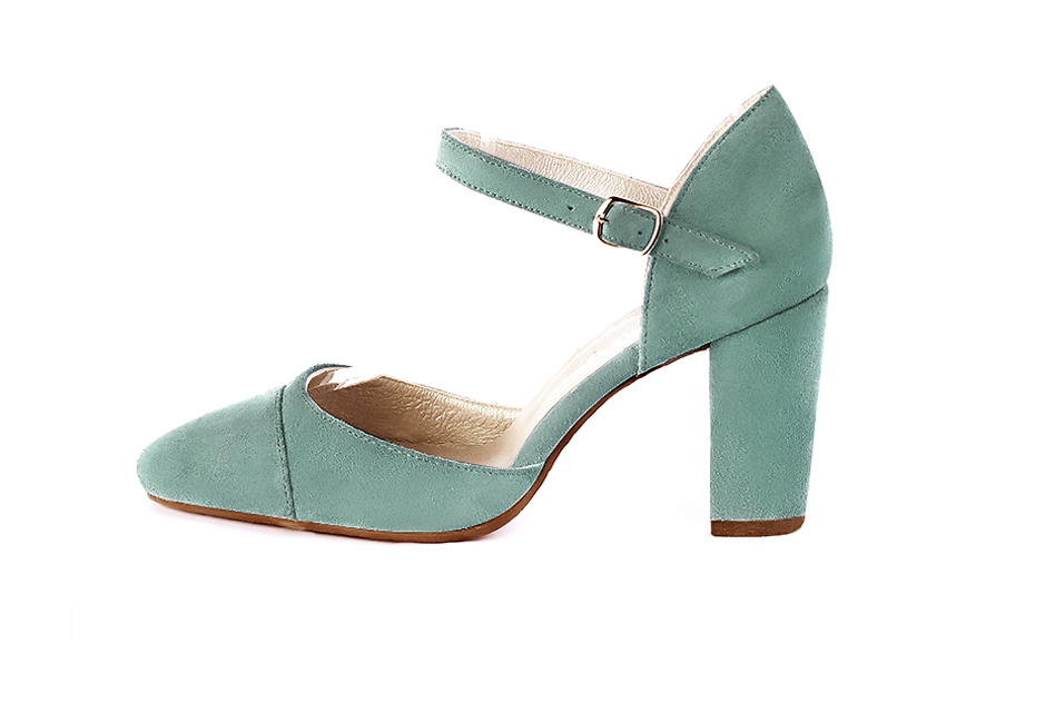 Women's mint green elegant closed-back heels, with an instep strap. Round toe. High block heels - Profile view